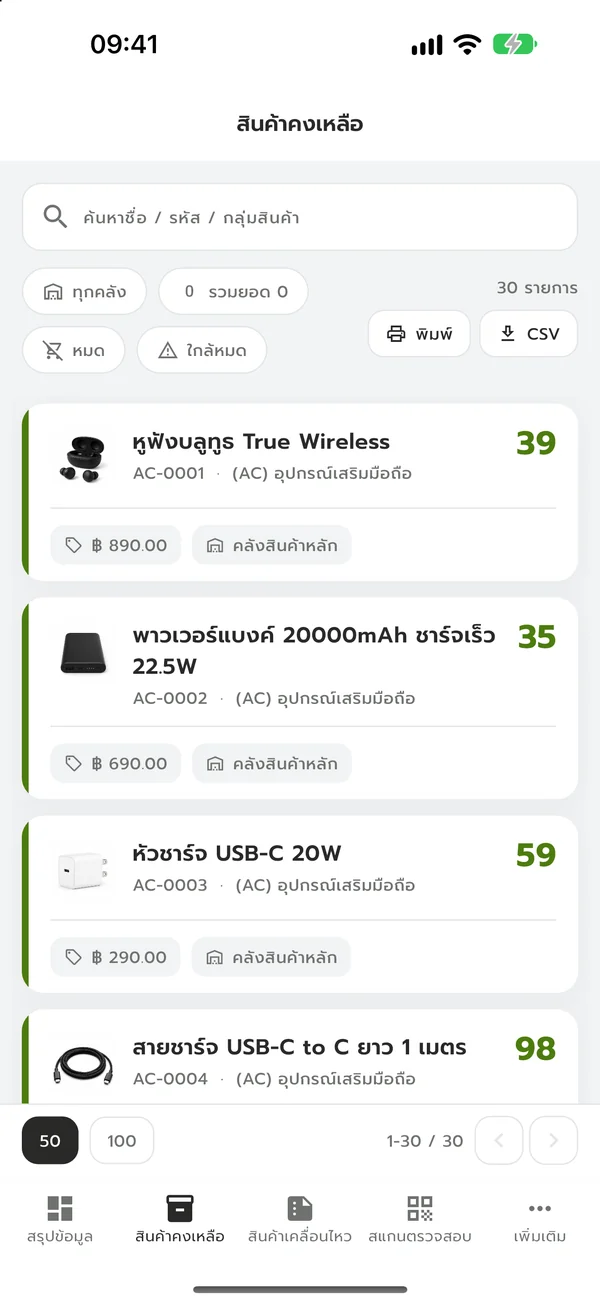 แอปมือถือ KongKlung หน้าสินค้าคงเหลือ แสดงรายการสินค้าพร้อมรูป รหัส ราคา และจำนวนคงเหลือ