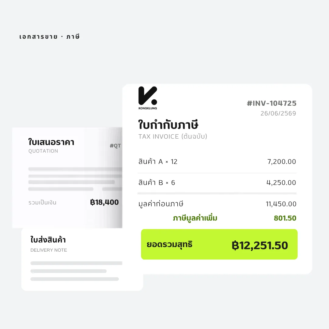 ตัวอย่างใบกำกับภาษีเต็มรูป ใบเสนอราคา และใบส่งสินค้าที่ออกจากโปรแกรม KongKlung แสดงรายการสินค้า มูลค่าก่อนภาษี ภาษีมูลค่าเพิ่ม และยอดรวมสุทธิ